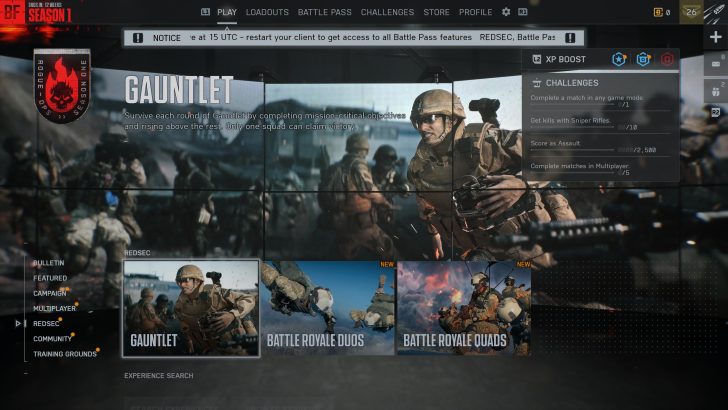 “Gauntlet” challenge screen in Rogue Ops Season One with “Battle Royale Duos” and “Battle Royale Quads” options visible.