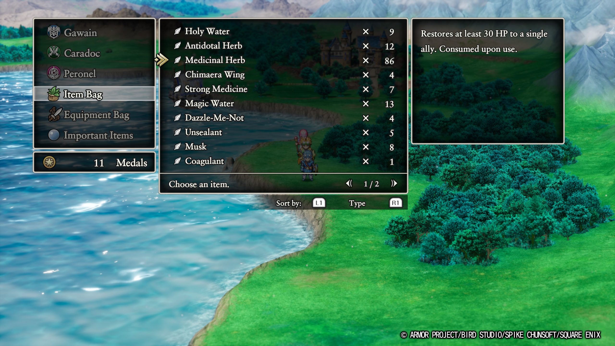 Square Enix inventory screen with item list and “Restores at least 30 HP” description in a fantasy landscape.