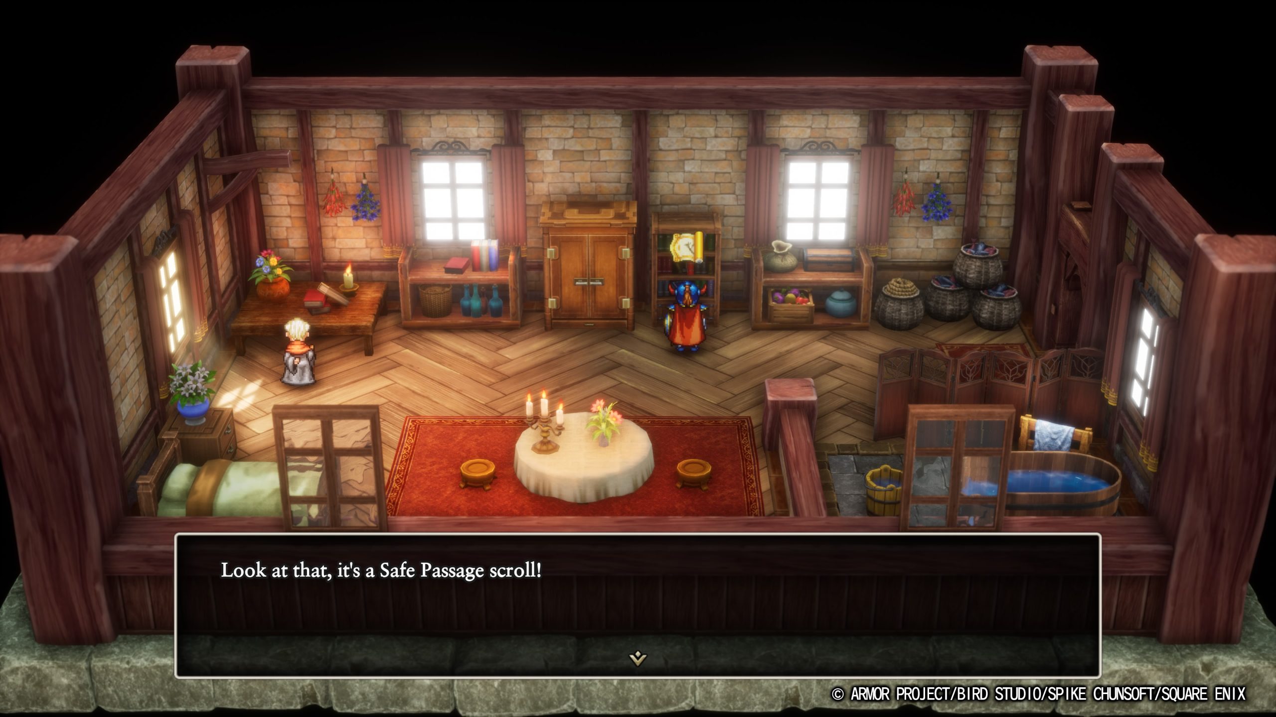 A character in a medieval house encounters a Safe Passage scroll! from Armor Project/Square Enix.