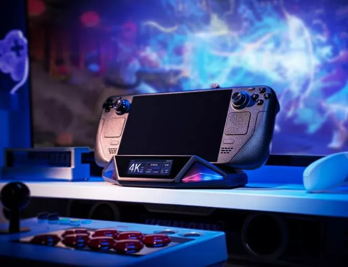 Steam Deck on a dock labeled 4K with a blue gaming setup.