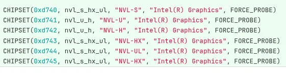 Code listing Intel(R) Graphics chipsets with identifiers and model names.