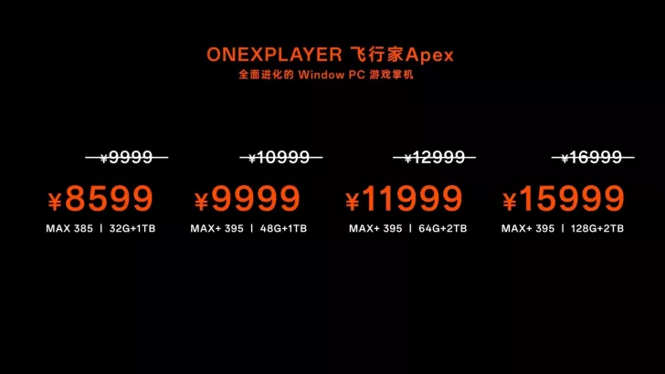 ONEXPLAYER Apex pricing display with models MAX 385 and MAX+ 395.