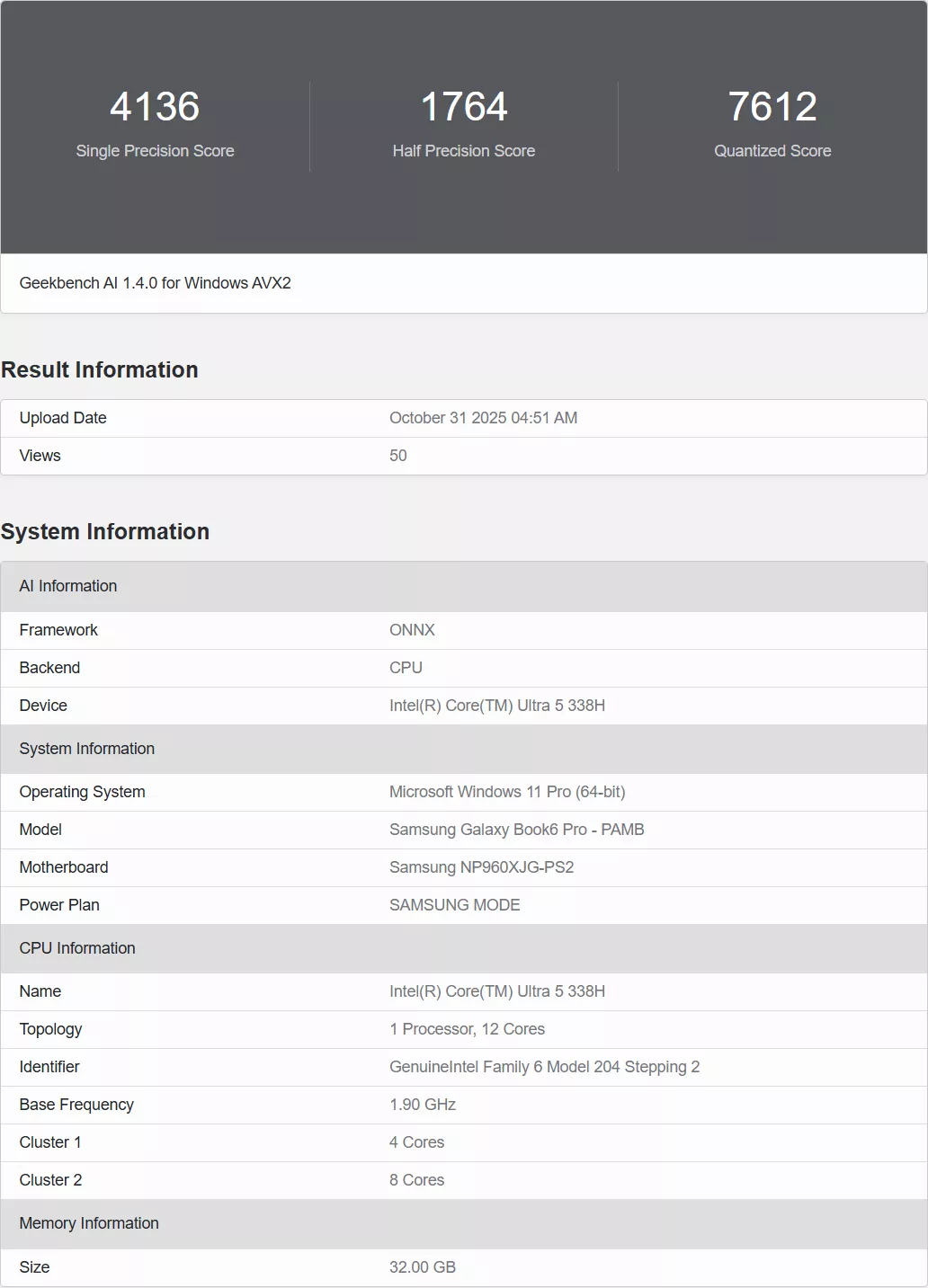 Geekbench AI 1.4.0 results on Samsung Galaxy Book6 Pro with Intel Core(TM) Ultra 5 338H showing precision scores and system info.
