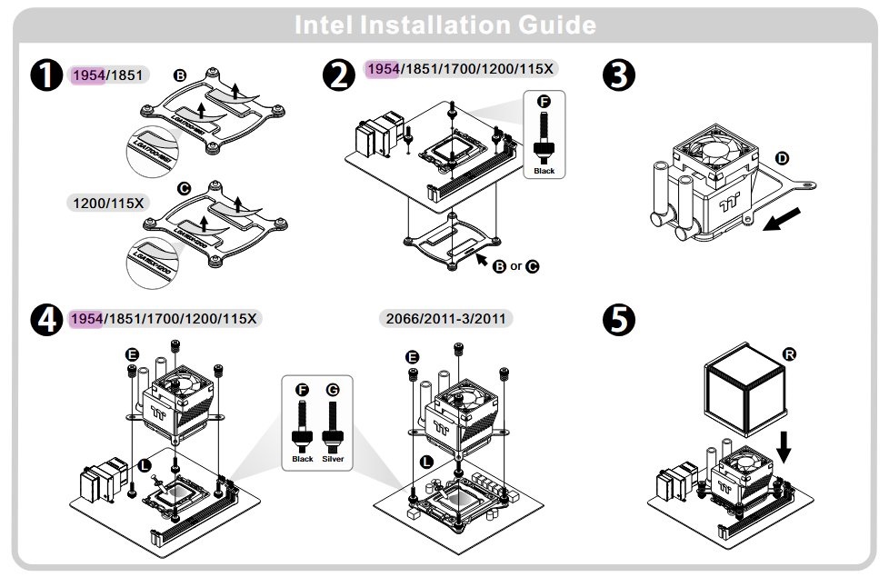 Intel Installation Guide with Thermaltake cooler, showing steps for models 1954/1851/1700/1200/115X and screws labeled F and G.