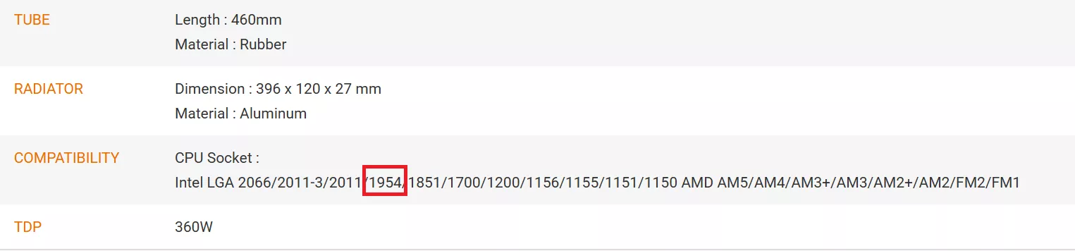 Compatibility chart showing Intel CPU socket 1954 highlighted in red.