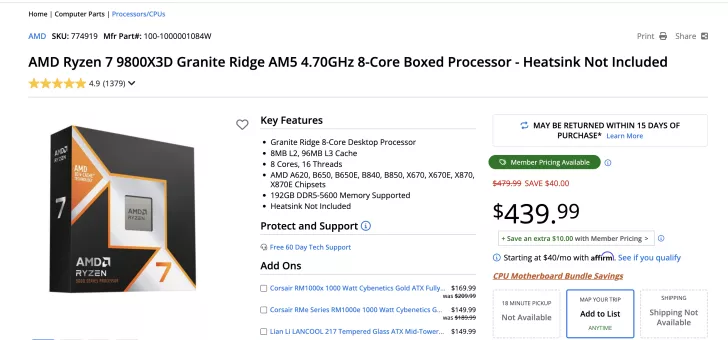 AMD Ryzen 7 9800X3D Granite Ridge processor priced at $439.99, heatsink not included, showing key features and add-ons.