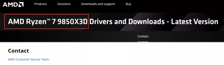 The AMD website displays 'AMD Ryzen 7 9850X3D Drivers and Downloads - Latest Version.'