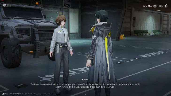 Two characters in a garage setting converse, with subtitles reading Endmin, you've dealt with far more people than office clerks like us, so I wonder if I can ask you to audit them for us, and maybe arrange a product demo as well?