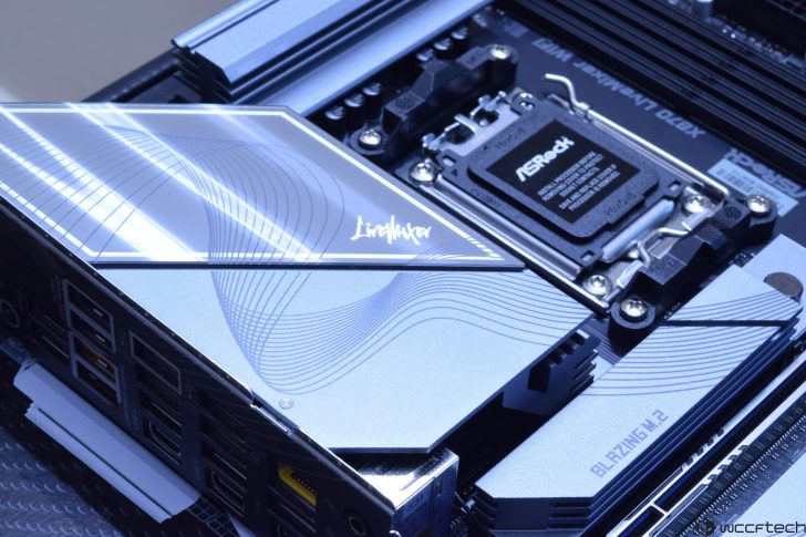 Close-up of ASRock motherboard featuring a sleek design and advanced components.
