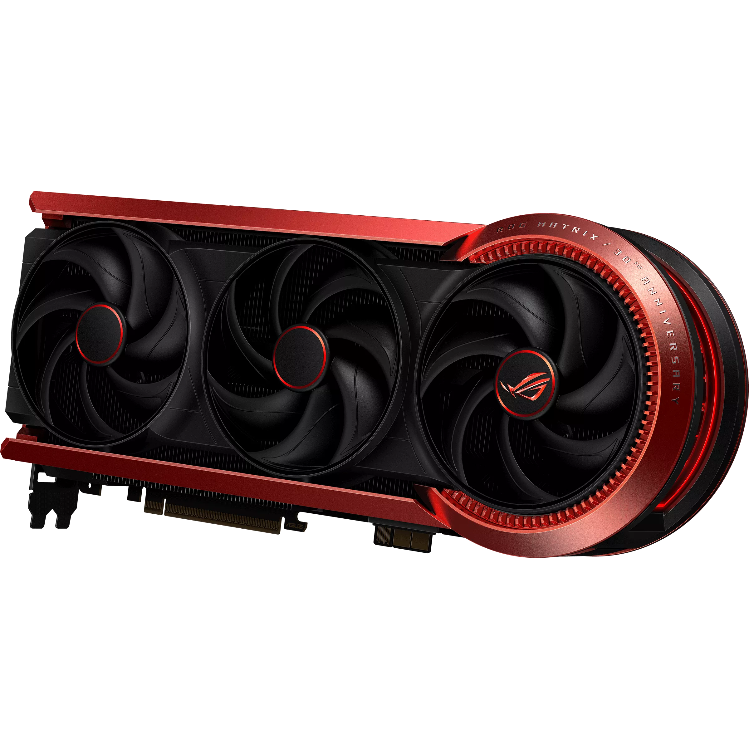 Red and black gaming graphics card with three cooling fans and sleek design.