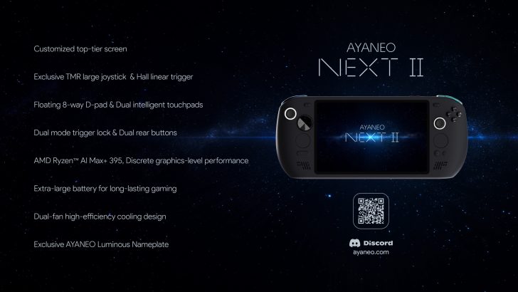 AYANEO NEXT II handheld console with AMD Ryzen AI Max+ 395 and floating 8-way D-pad, showcased against a starry background.