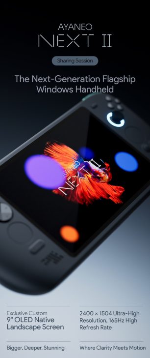 The AYANEO NEXT II features a 9-inch OLED native landscape screen with 2400 x 1504 ultra-high resolution and a 165Hz refresh rate.
