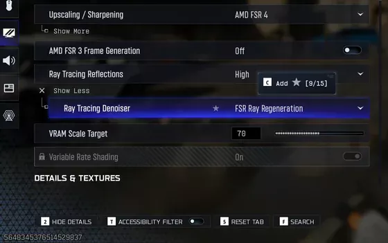 A settings menu displays options for upscaling and ray tracing with 'FSR Ray Regeneration' enabled on a game interface, alongside adjustments for 'AMD FSR 4' and ray tracing reflections set to 'High'.