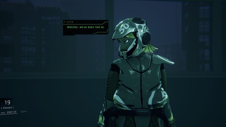 Character in futuristic armor with helmet text FRONTIER 50 says, Watcher, we've been lied to. Year 2047 CE shown on screen.