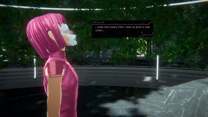 Animated character with pink hair next to speech bubble saying, I come here every time I have to print a new sister... in a virtual environment.