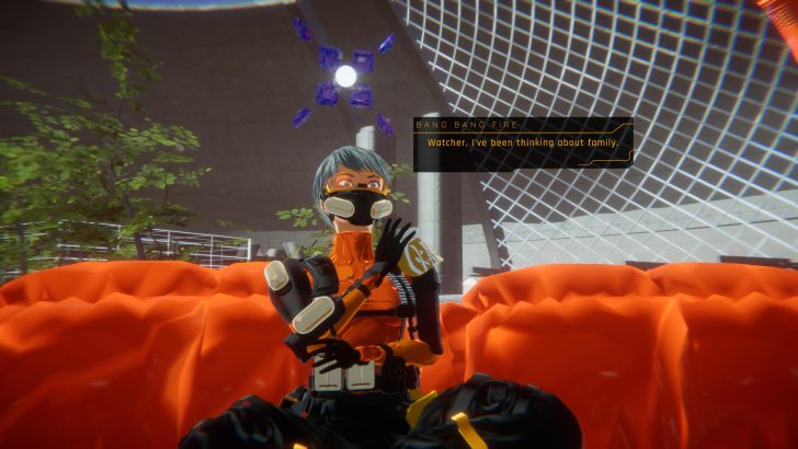 Character wearing futuristic gear sits on an orange couch with text overlay: “Watcher, I’ve been thinking about family.”