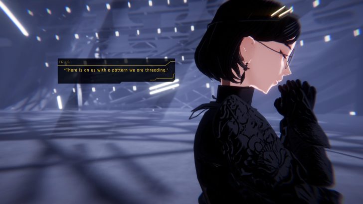 Animated character Iris says, There is an us with a pattern we are threading, in a futuristic setting.