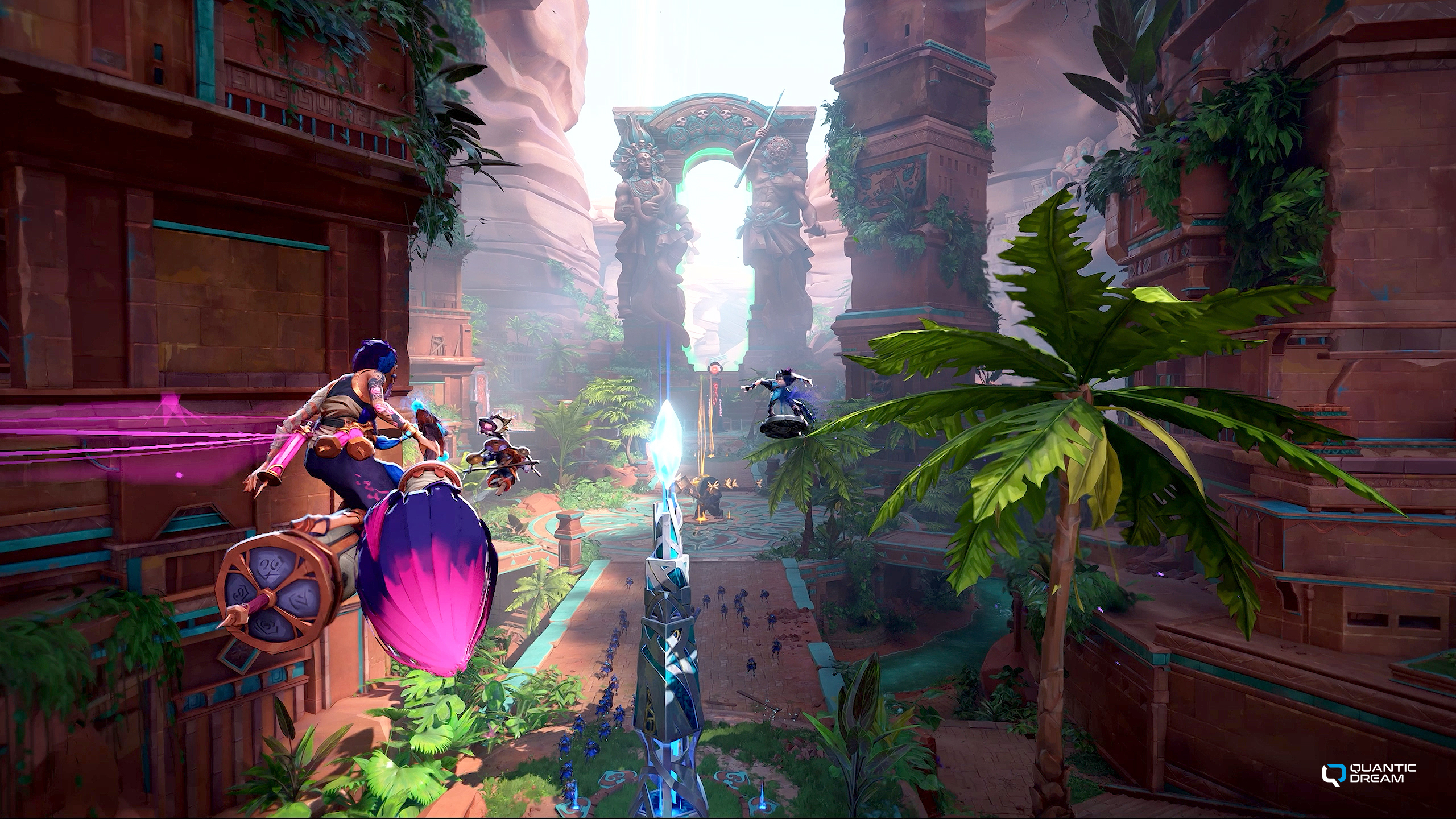 Two characters on hoverboards navigate a lush, ancient temple environment in the game 'Spellcaster' by Quantic Dream.