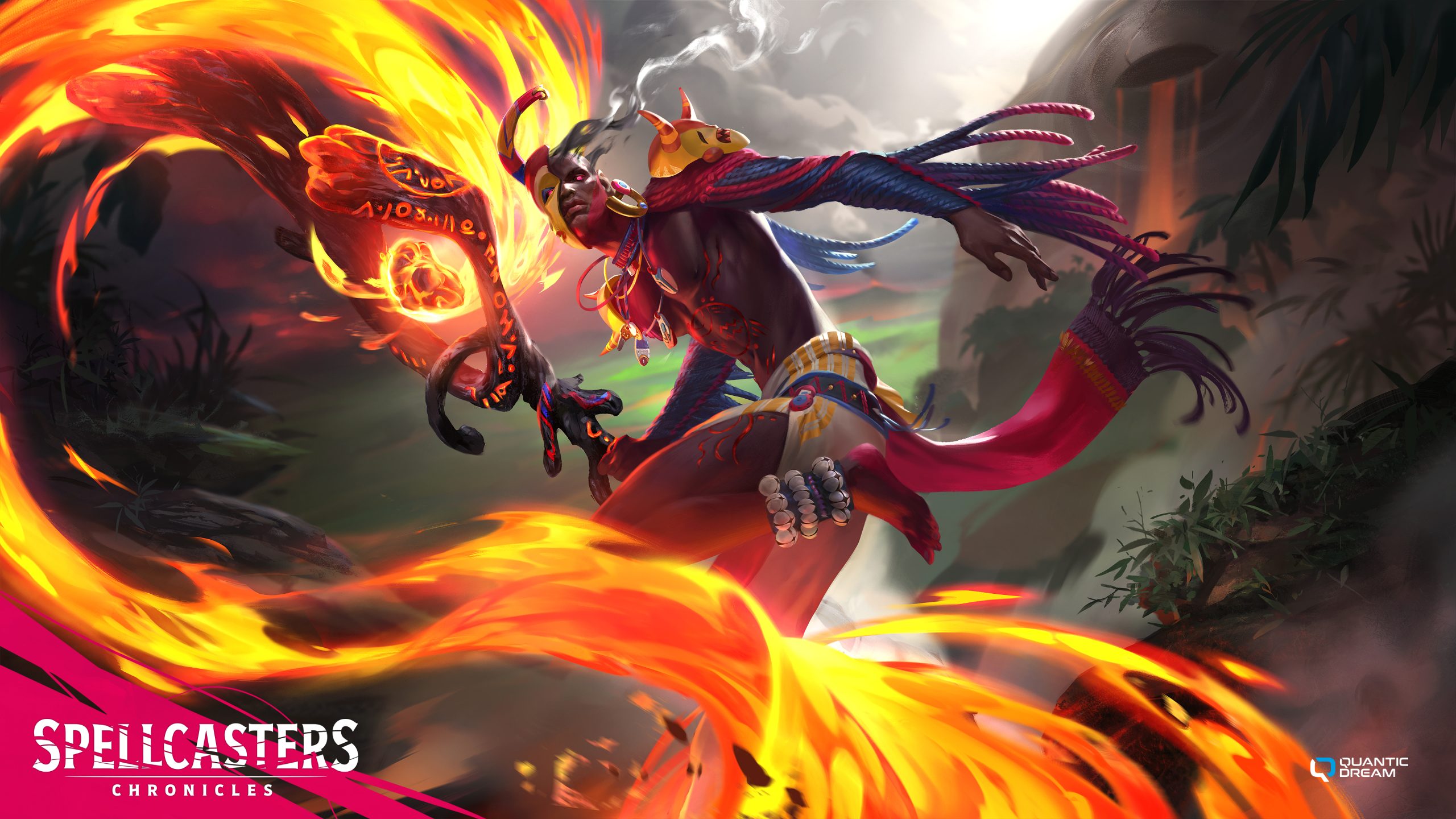 A character wearing vibrant tribal attire casts a fiery spell in the game 'Spellcasters Chronicles' by Quantic Dream.