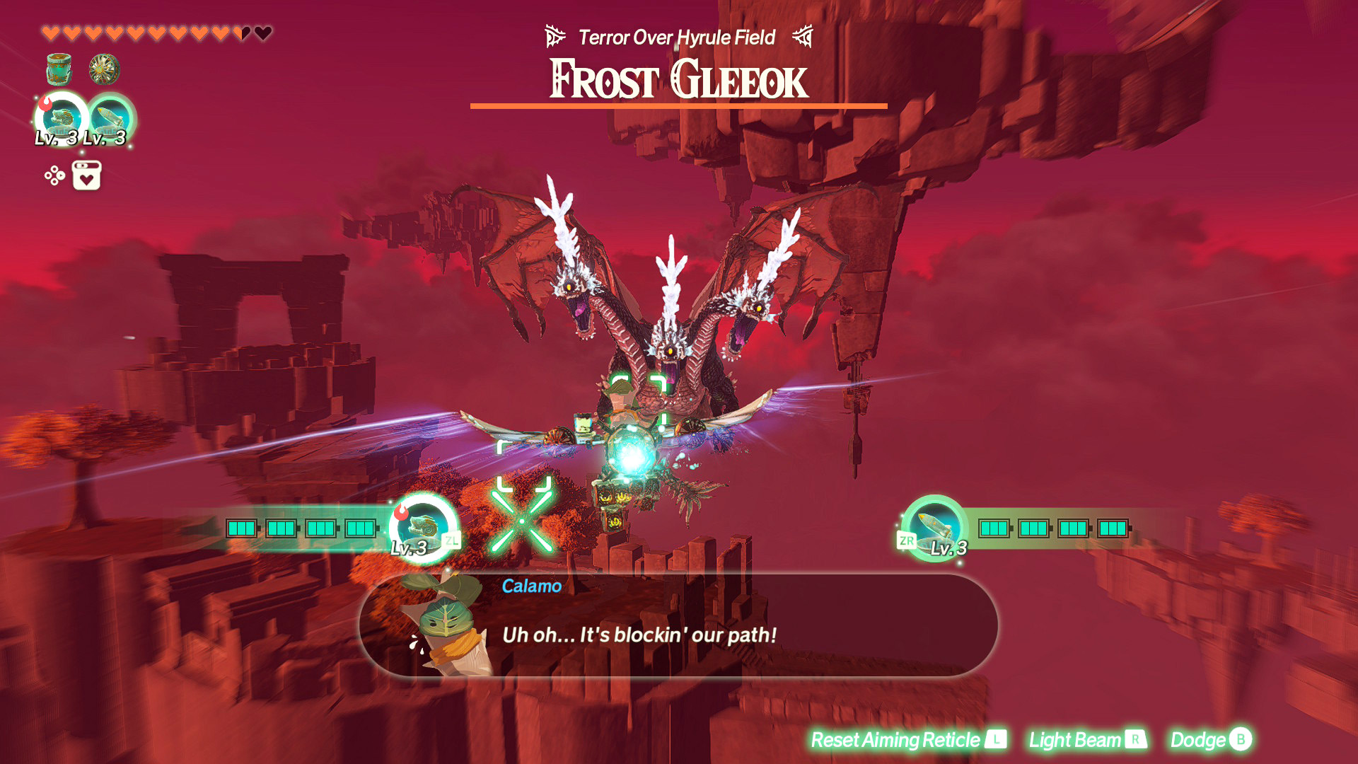 Frost Gleeok onscreen in game with dialogue Uh oh… It’s blockin’ our path! and health bars visible in the interface.