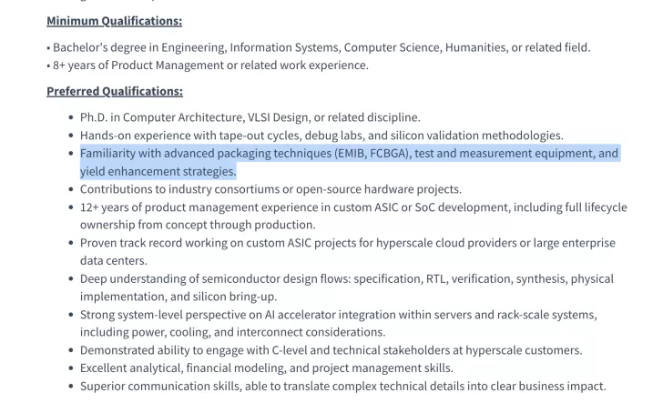 A highlighted job description text lists qualifications for a product management role, emphasizing experience with packaging techniques such as EMIB and FCBGA.