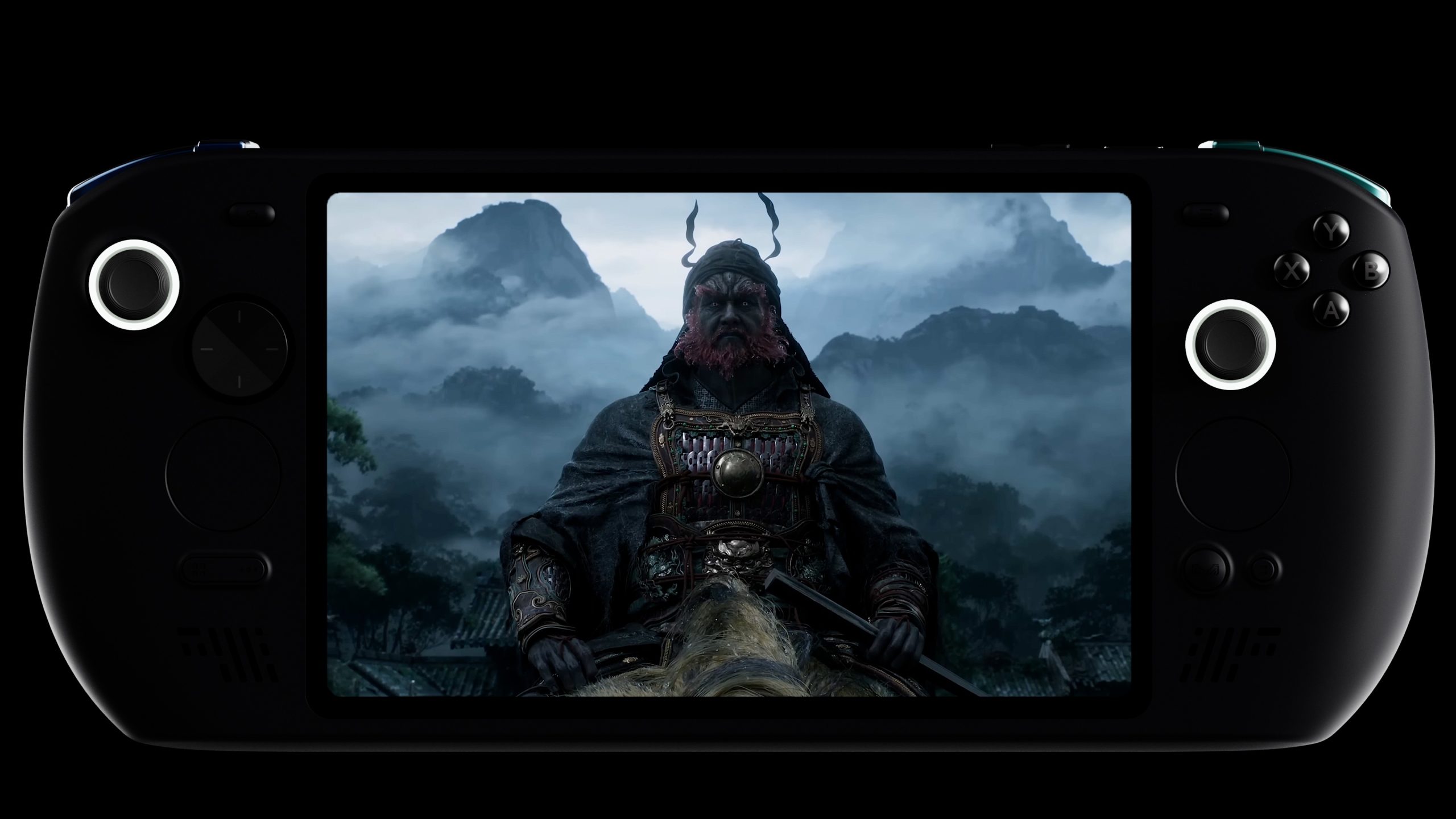 AYA NEO portable gaming console displaying a warrior in a misty mountain scene.