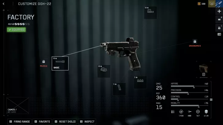 “Customize GGH-22” screen with “Factory” equipped pistol, showing attachments and stats like “DMG 25” and “ROF 360”.