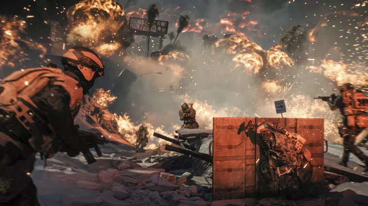 Soldiers advancing in a fiery battlefield with explosion, Oscar's Pizza billboard, and Keep Right sign visible.