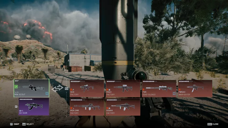 A first-person shooter game interface shows a weapon selection screen with rifles such as 'MINI SCOUT,' 'SG 553R,' and 'M4A1 FACTORY' available against a detailed outdoor landscape.