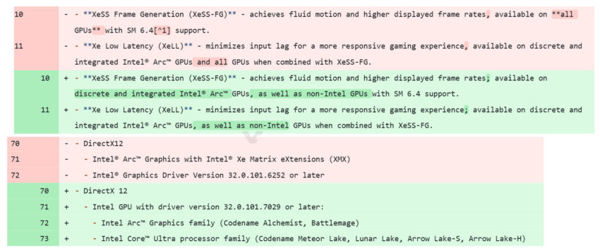 A screenshot showing code differences highlights the addition of support for Intel Arc GPUs and non-Intel GPUs in XeSS Frame Generation and Xe Low Latency features.