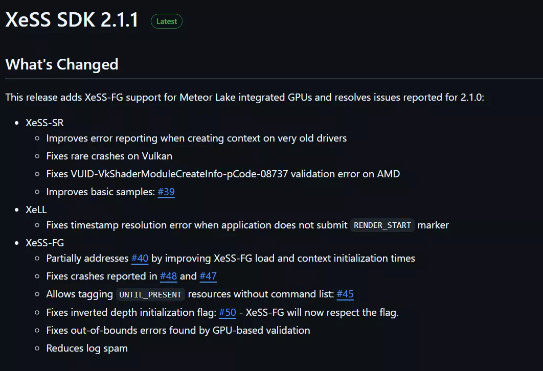 A screenshot of the 'XeSS SDK 2.1.1' release notes highlights changes such as XeSS-FG support for Meteor Lake GPUs, error fixes for Vulkan and AMD validation, and solutions for timestamp resolution errors.