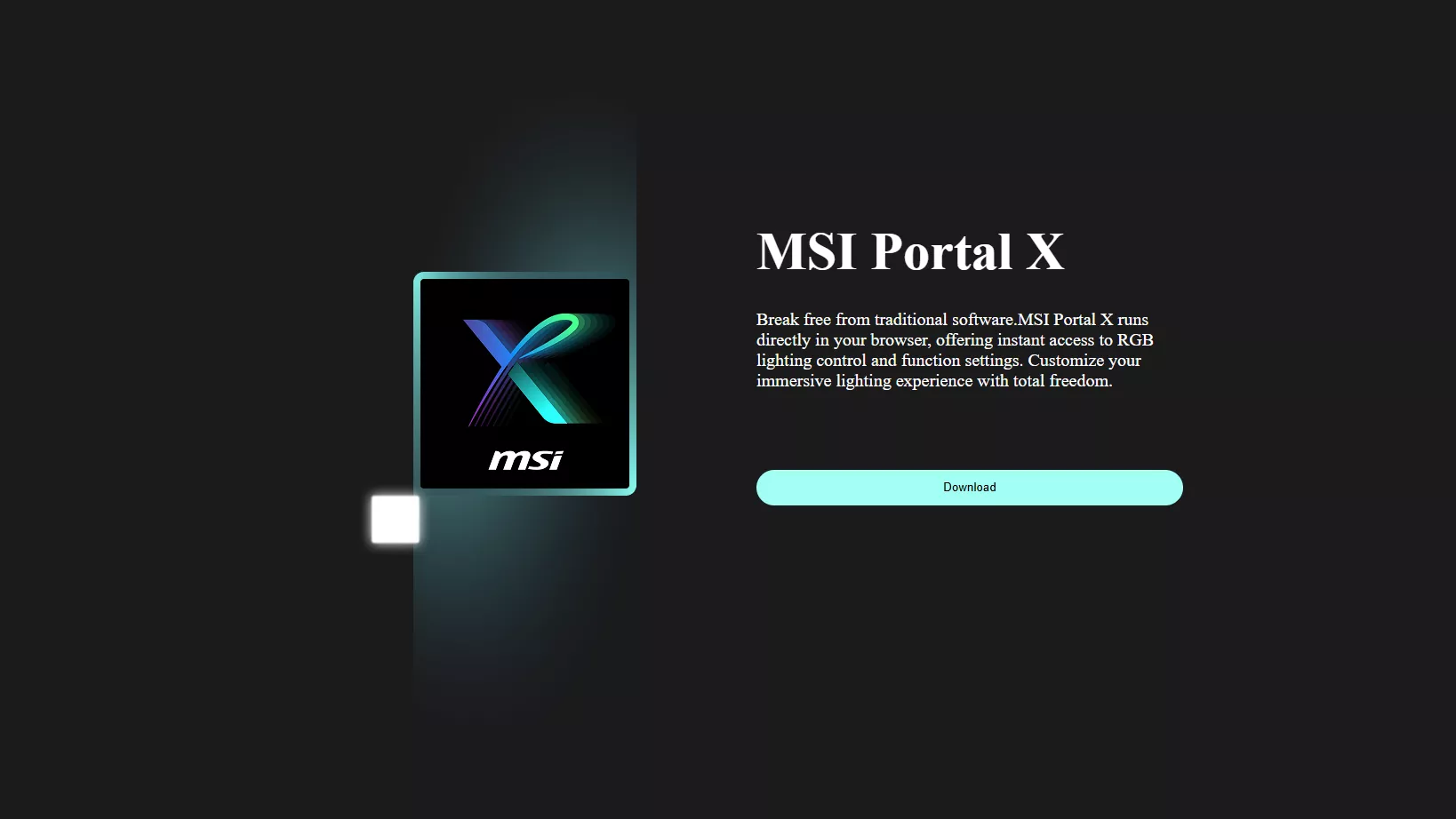 MSI Portal X screen with download button and text on RGB lighting control features.