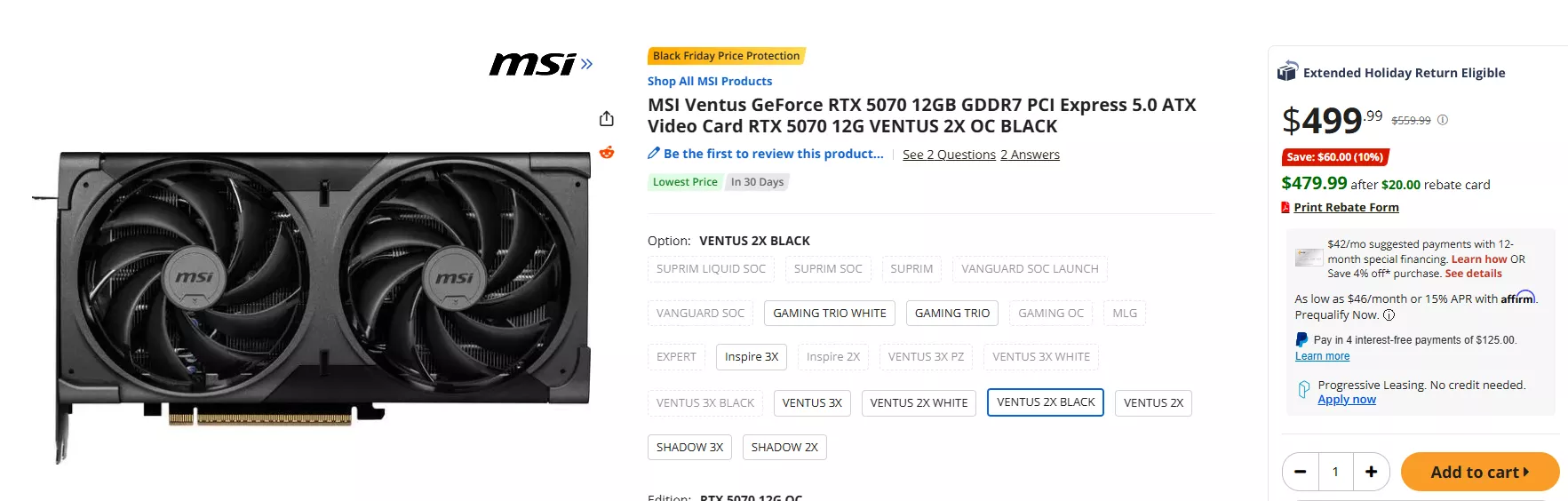 MSI Ventus GeForce RTX 5070 graphics card priced at $499.99 with rebate offer highlighted on product page.