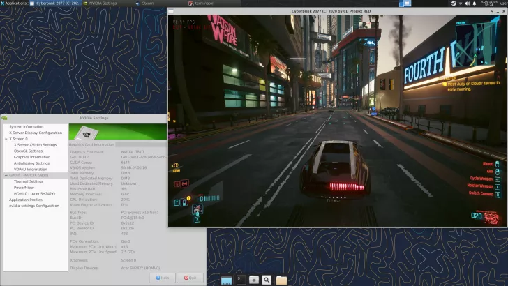 A screenshot shows 'Cyberpunk 2077 (C) 2020 by CD Projekt RED' with a car on a futuristic street, accompanied by a window displaying NVIDIA Settings for a graphics card labeled 'NVIDIA GB10' with other specifications.