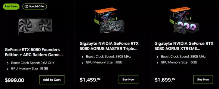 GeForce RTX 5080 graphics cards listed with prices and specs, featuring models like Founders Edition and Gigabyte AORUS MASTER.