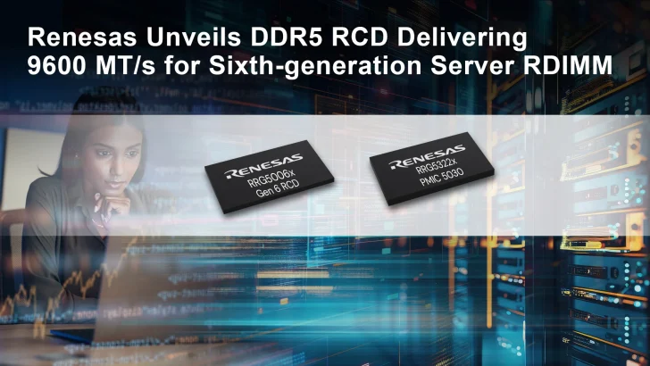 A woman works on a laptop as two Renesas chips, labeled RRG5006x Gen 6 RCD and RRG5322x PMC 5030, are featured with the text 'Renesas Unveils DDR5 RCD Delivering 9600 MT/s for Sixth-generation Server RDIMM' above them.