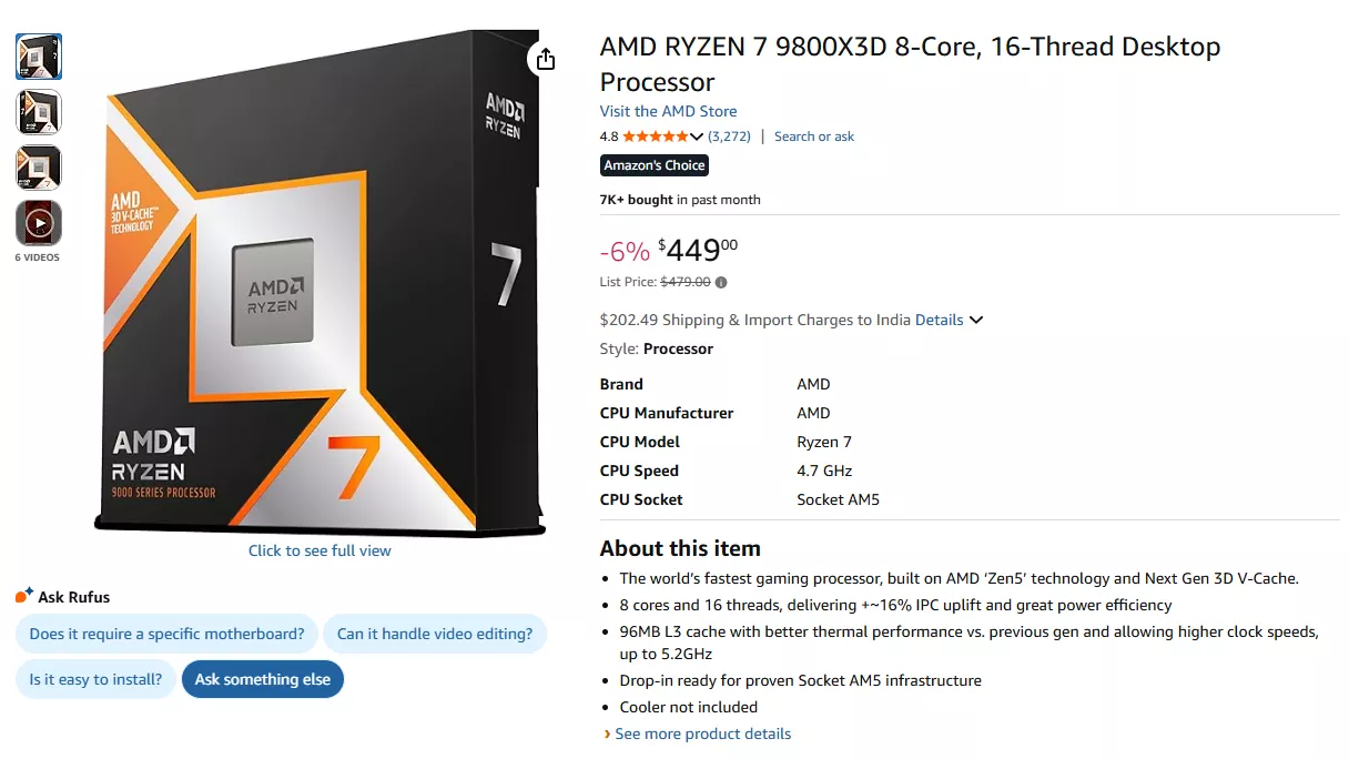 Ryzen 7 9800X3D: Top Gaming CPU Now Available for $449 on Amazon