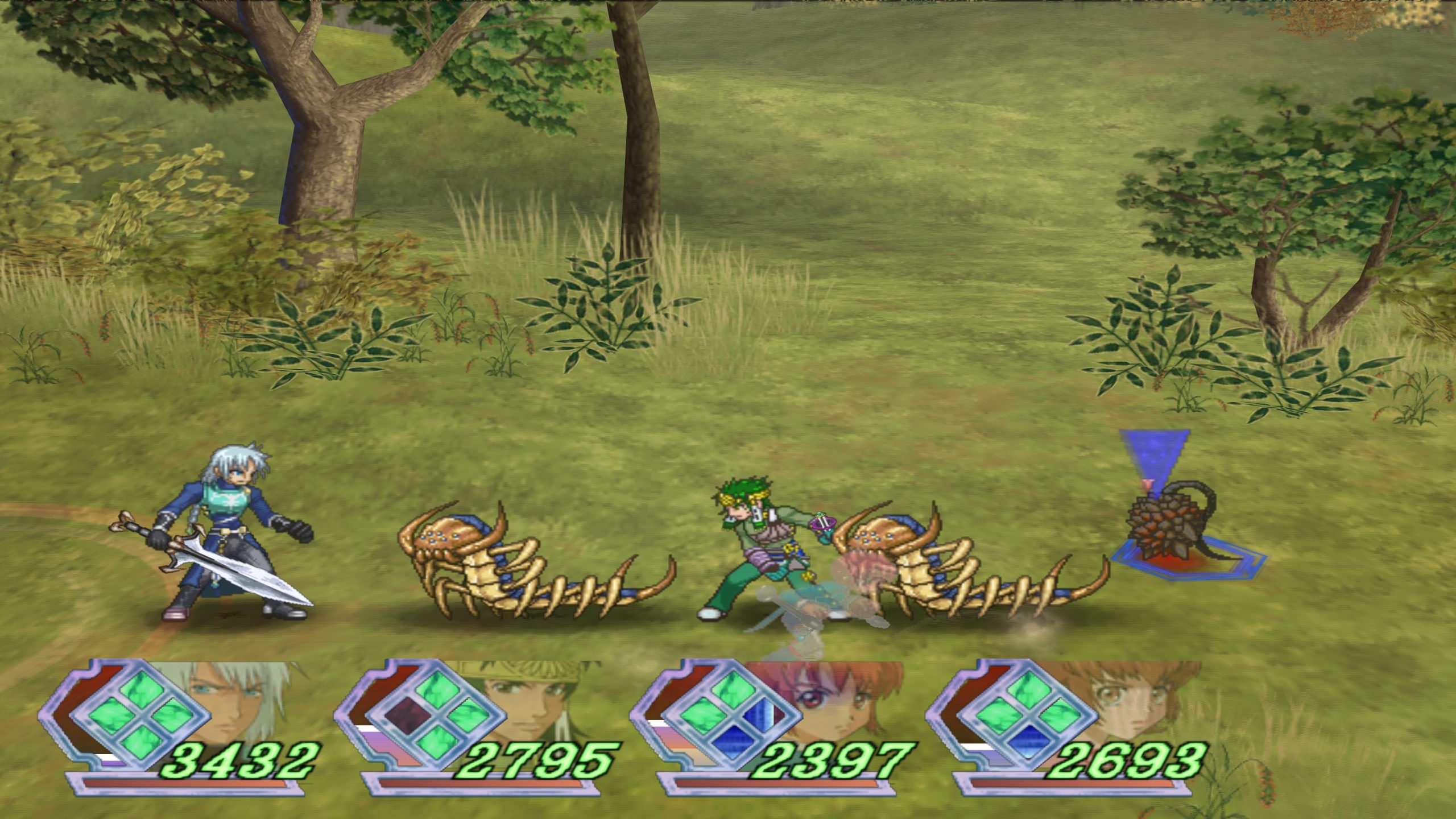 A battle sequence from the game Tales of Symphonia shows two characters, each with life bars, fighting against crab-like creatures on a grassy field.