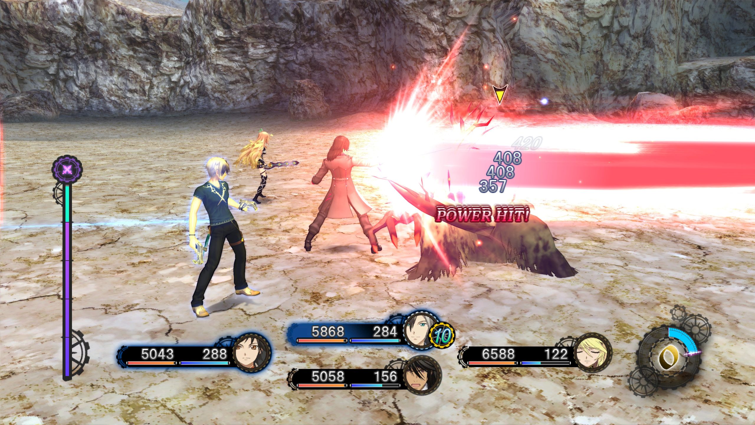 A battle scene in the game 'Tales of Xillia 2' shows characters attacking a creature with damage indicators '408,' '408,' '357,' and the text 'POWER HIT' on-screen.