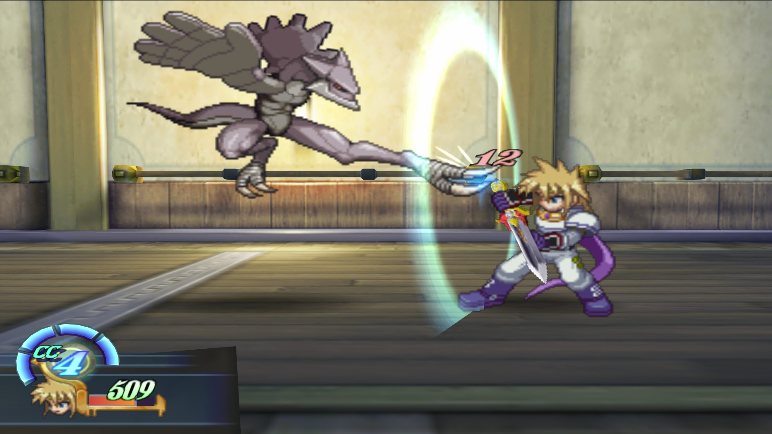 A character from the game Tales of Destiny attacks an enemy while displaying '12' damage on screen, with a status bar showing 'CC 4' and a health of '509'.