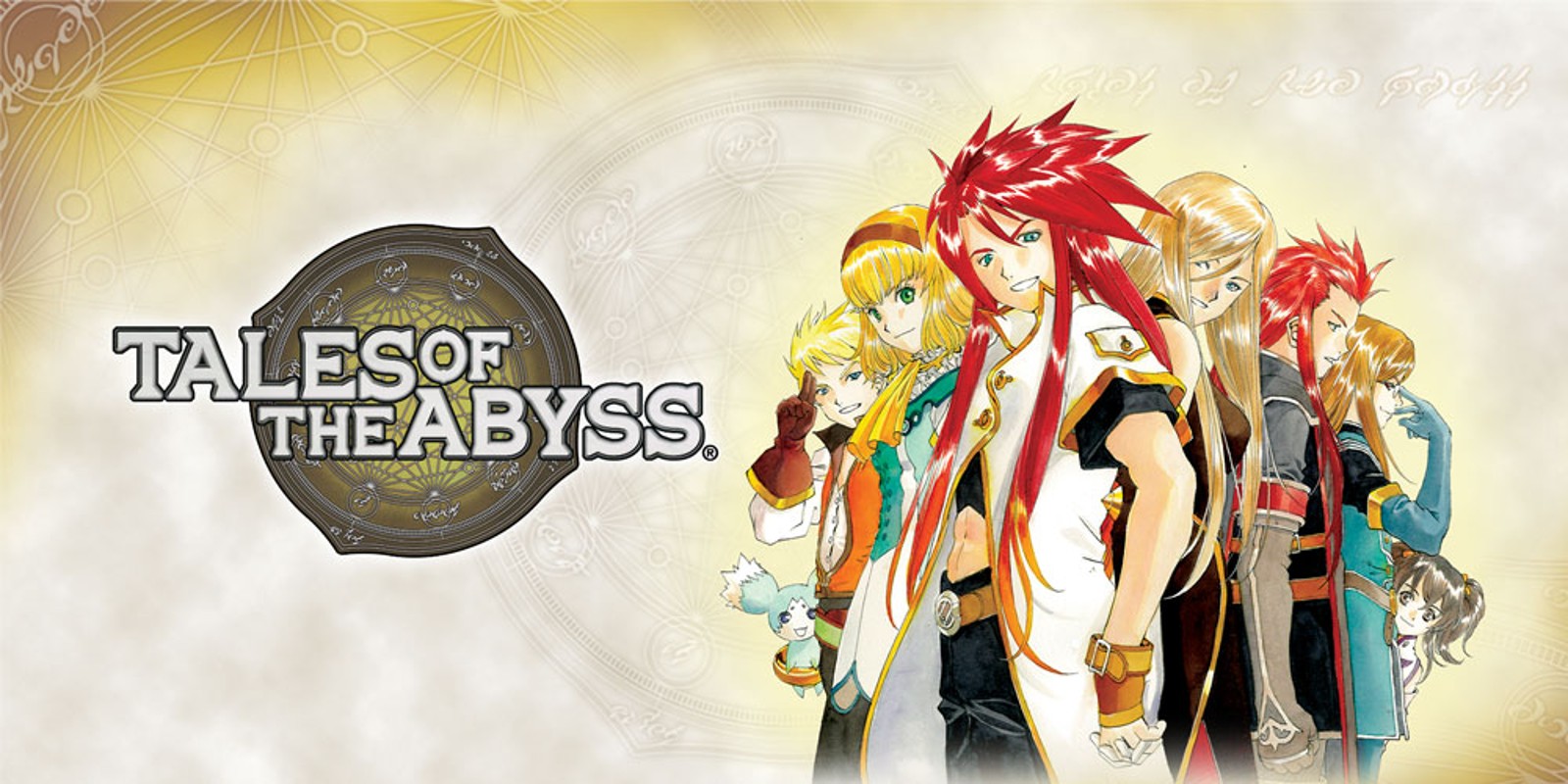 Cover art for the game 'Tales of the Abyss' featuring six anime-style characters standing side by side with a circular emblem in the background.