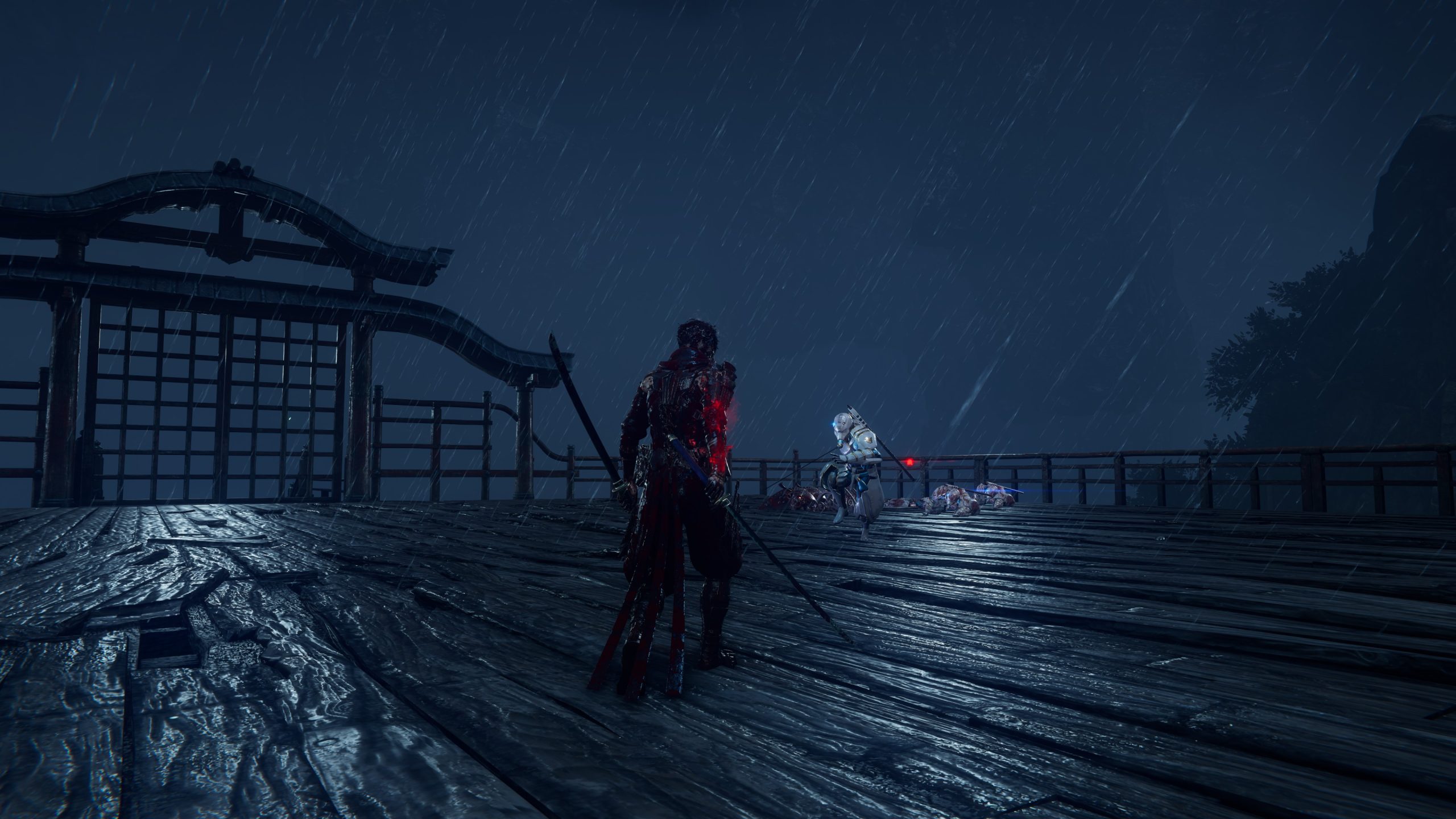 Two characters with swords facing each other in a rainy, dark setting on a wooden platform.