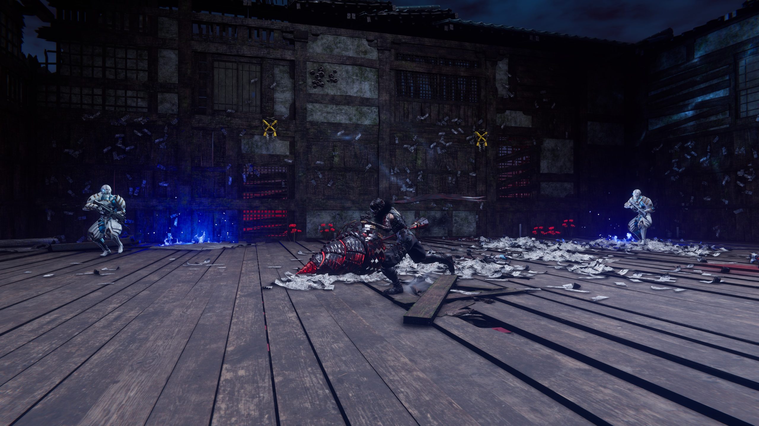 A character wields a large weapon in a dark, confined arena with opponents and a mystical blue glow.