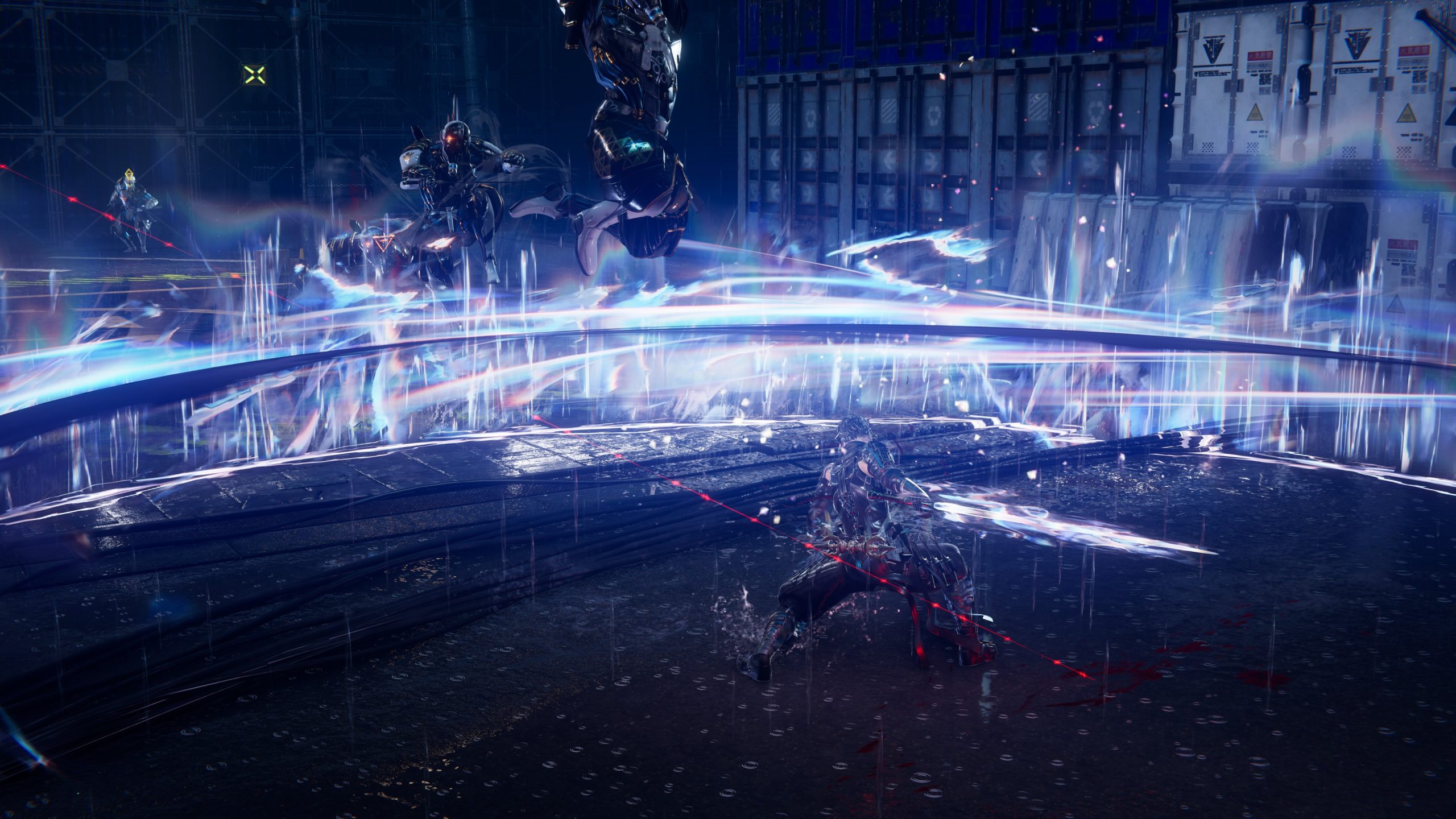 A futuristic battle scene with cybernetic warriors and energy beams in action.