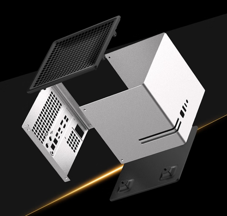 Unbranded computer case components on a black background.