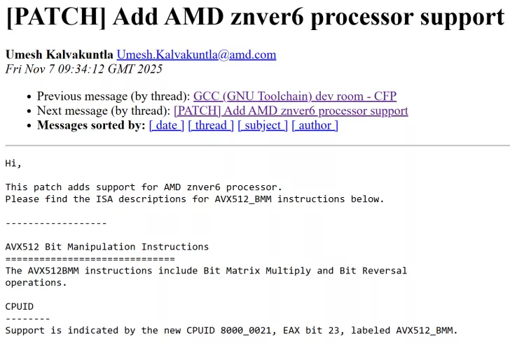 [PATCH] Add AMD znver6 processor support email with details on AVX512_BMM instructions and CPUID 8000_0021.