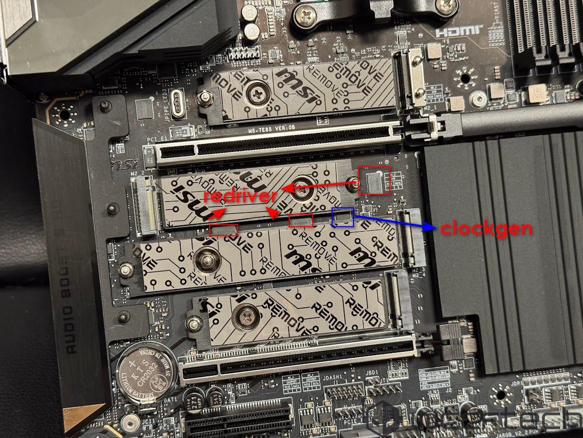 MSI motherboard with labeled redriver and clockgen components near M.2 slots.