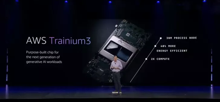 A presenter stands on stage with a slide showing the AWS Trainium3 chip, highlighting features such as '3nm process node,' '40% more energy efficient,' and '2x compute.'