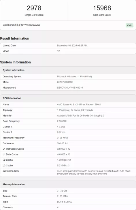 A Geekbench 6.5.0 result for Windows AVX2 shows a Lenovo 83Q8 with an AMD Ryzen AI 9 HX 470 processor scoring 2978 in single-core and 15968 in multi-core performance.