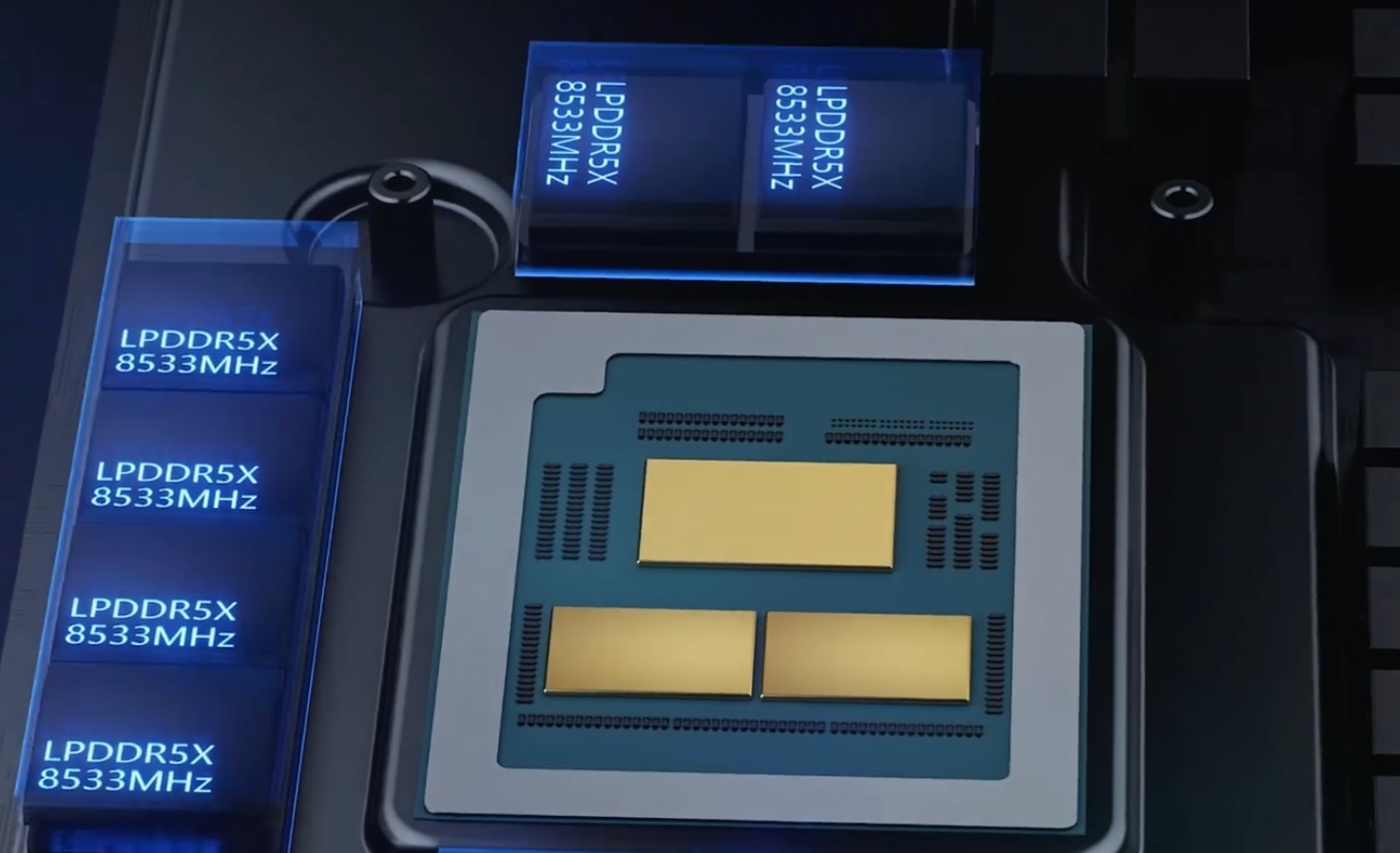 Close-up of a microchip surrounded by LPDDR5X memory modules labeled 'LPDDR5X 8533MHz'.